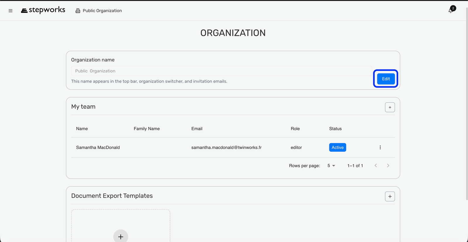 Page Organization avec le champ Organization name et le bouton Edit.