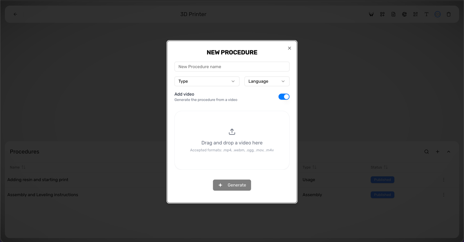 Single procedure dialog with fields for name, type, language, and video upload.
