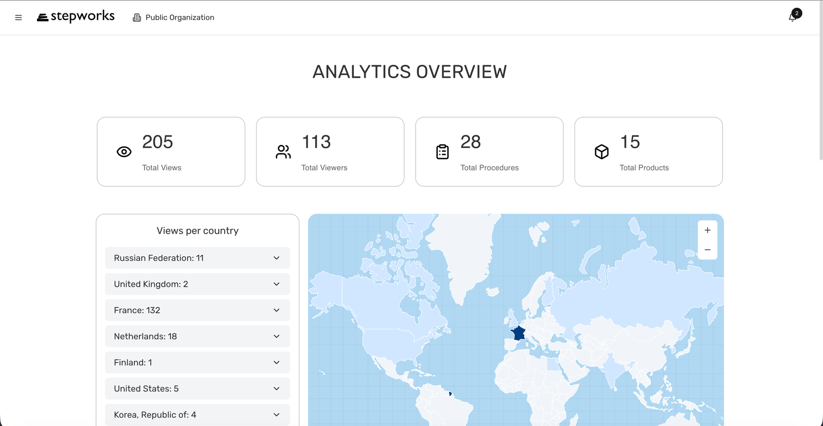 Dashboard avec cartes de metriques et carte par pays.
