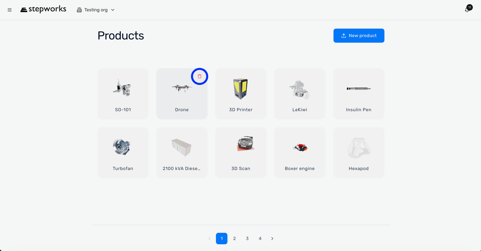 Page Products avec l'action Delete mise en avant sur un produit.