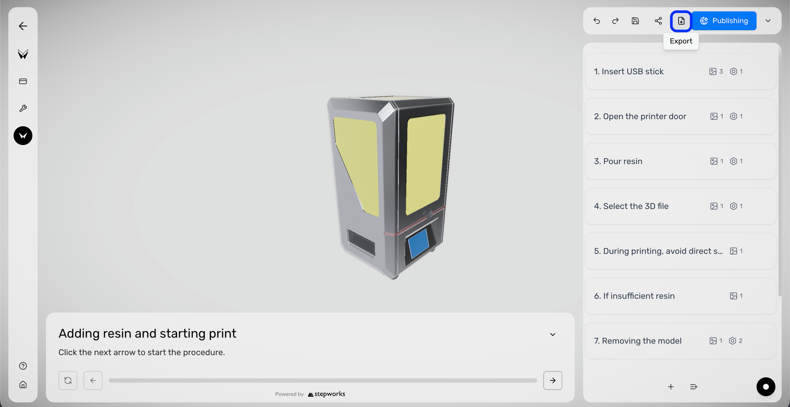 En-tete du Procedure Editor avec l'action Export mise en avant.