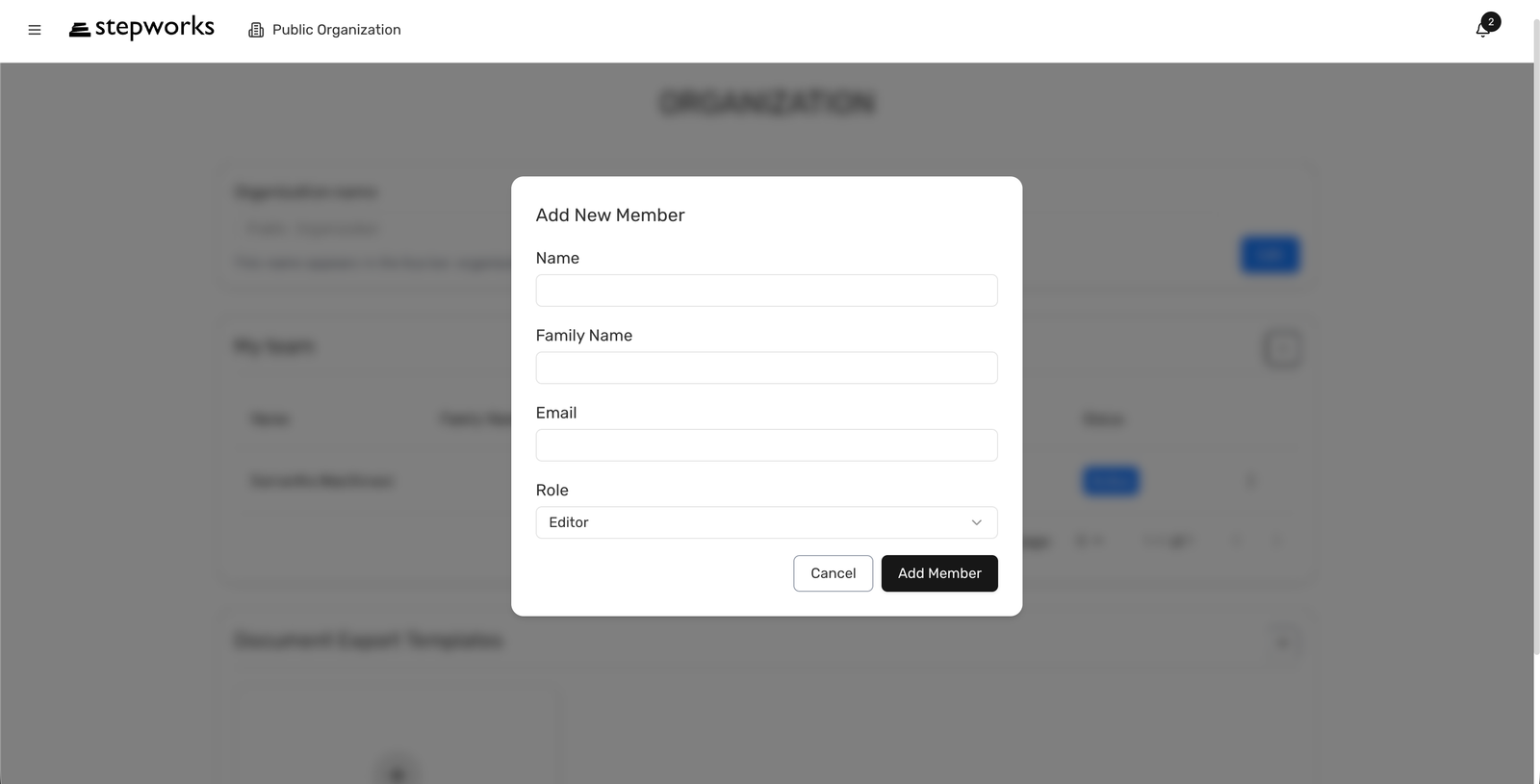 Page Organization avec My team et la fenetre Add New Member ouverte.