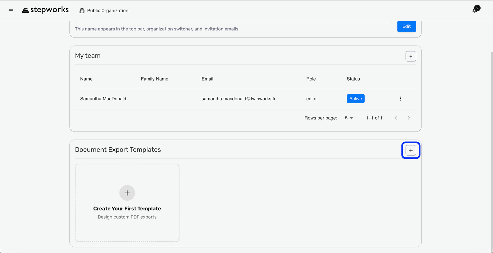 Page Organization avec Document Export Templates et le bouton pour ajouter un modele.