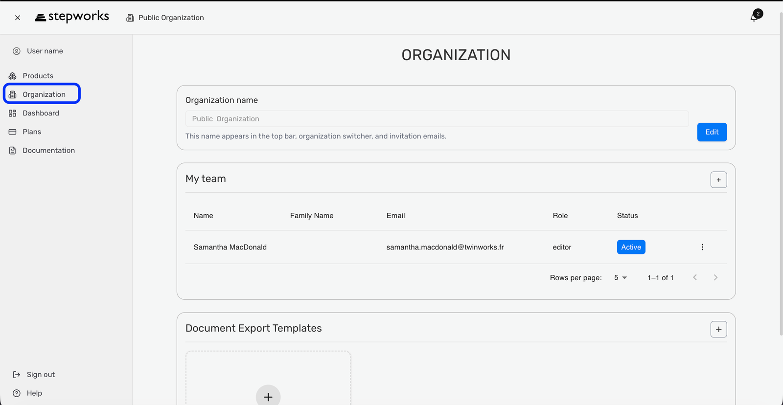 Page Organization avec le nom d'organisation, My team et Document Export Templates.