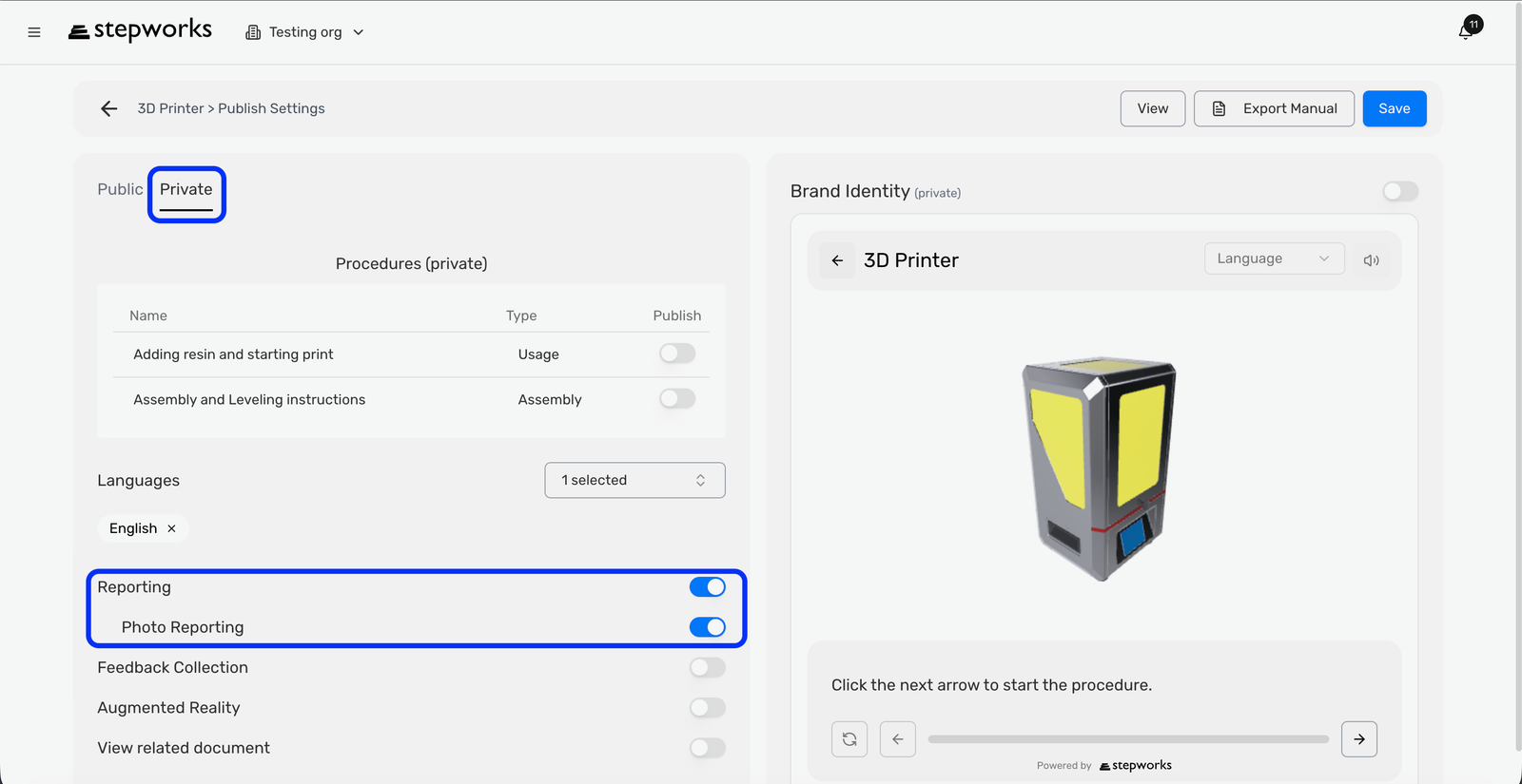 Publish Settings dans l'onglet Private avec Reporting et Photo Reporting actives.