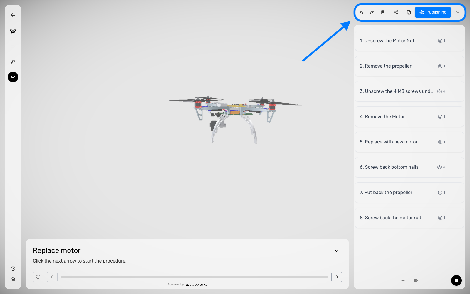Procedure Editor with header actions, the step list, and the loaded 3D model.