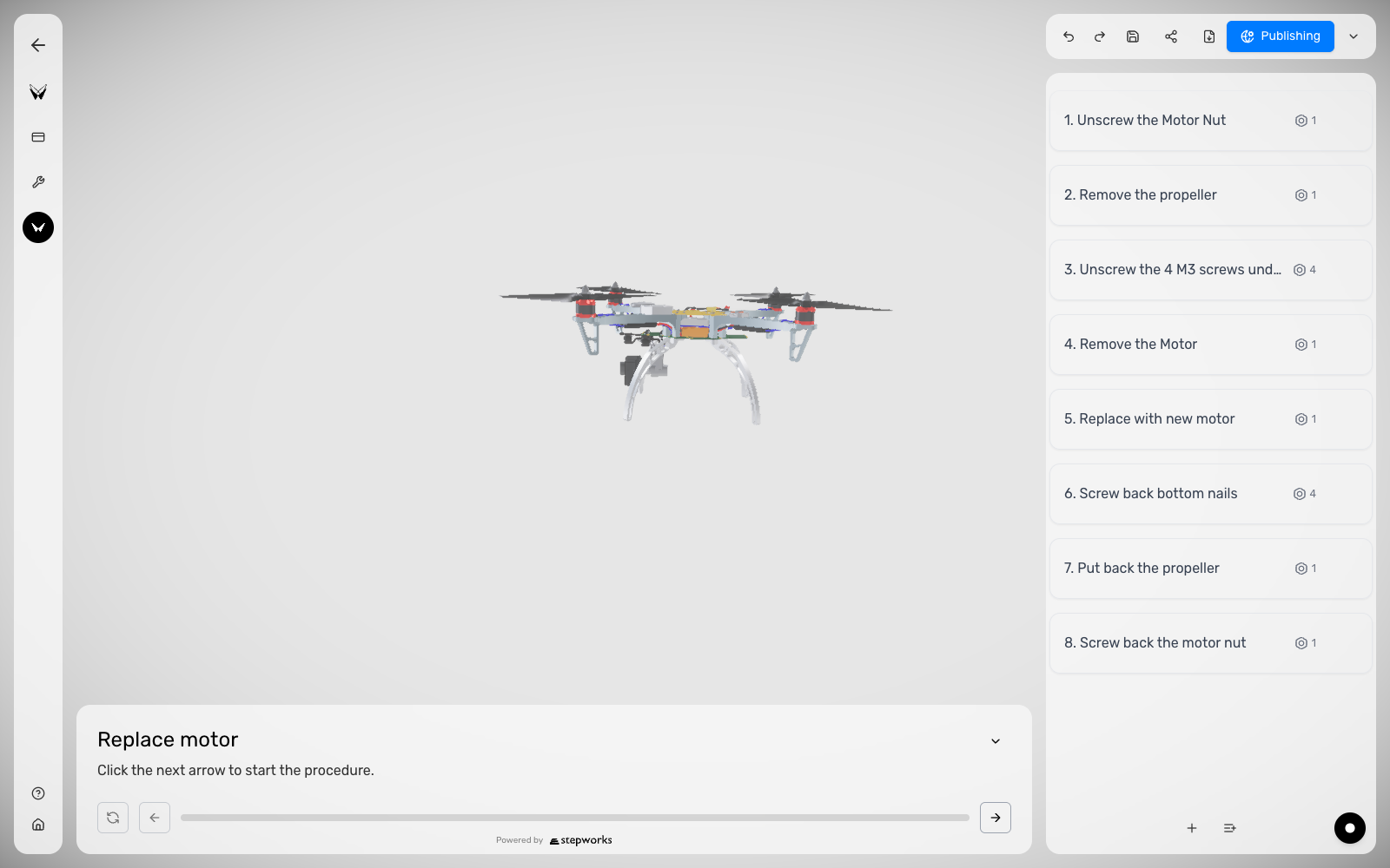 Procedure Editor avec modele 3D charge, liste des etapes et commandes principales.