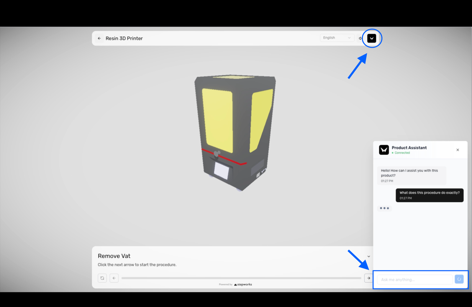 Viewer publie avec Product Assistant ouvert et une reponse avec citations.