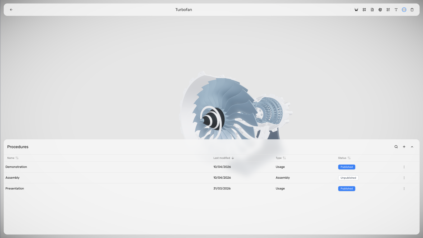 Product Home with top actions, a loaded 3D model, and the procedures table.