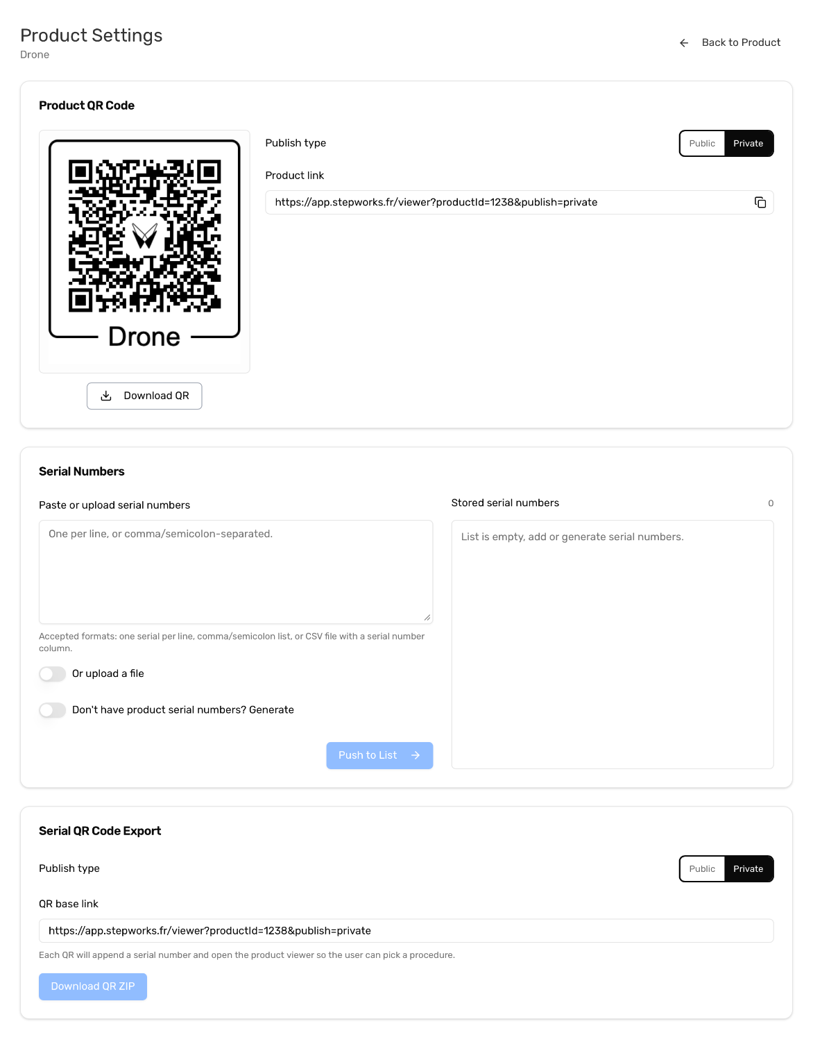 Product Settings with the product QR code, product link, serial-number registration, and QR export tools.