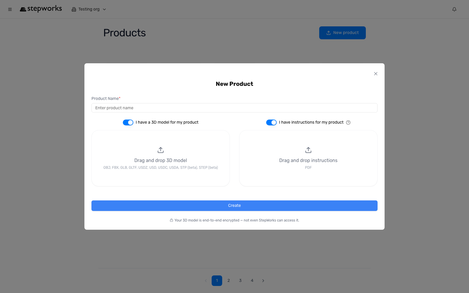 New Product modal with Product Name, 3D model, instruction uploads, and Create.