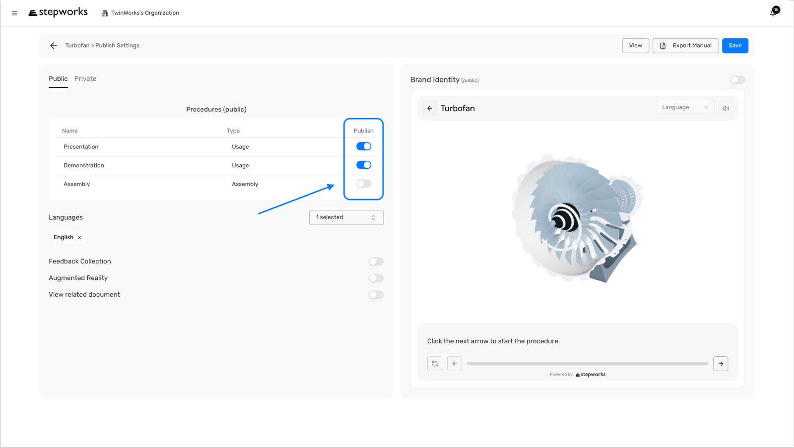 Liste des procedures dans Publish Settings avec les bascules de publication mises en avant.