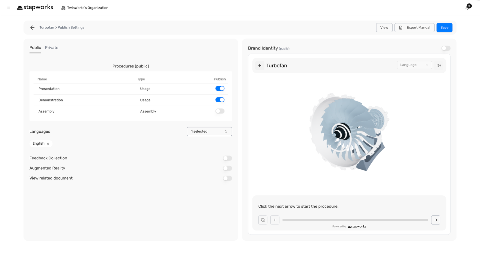 Publish Settings with Public and Private tabs, procedures, viewer options, preview, and Save.