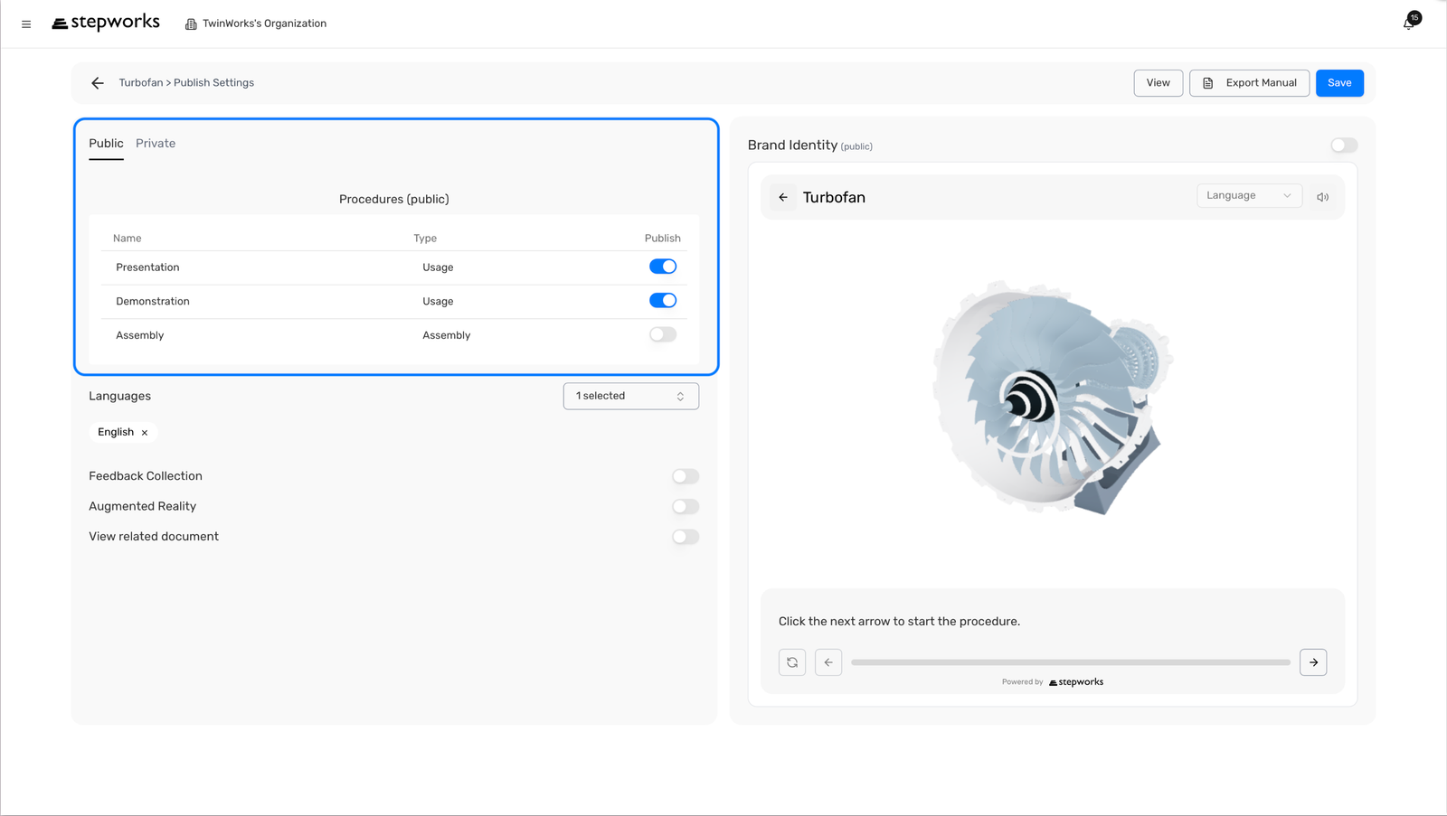 Page Publish Settings avec les onglets Public et Private et la zone des procedures mise en avant.