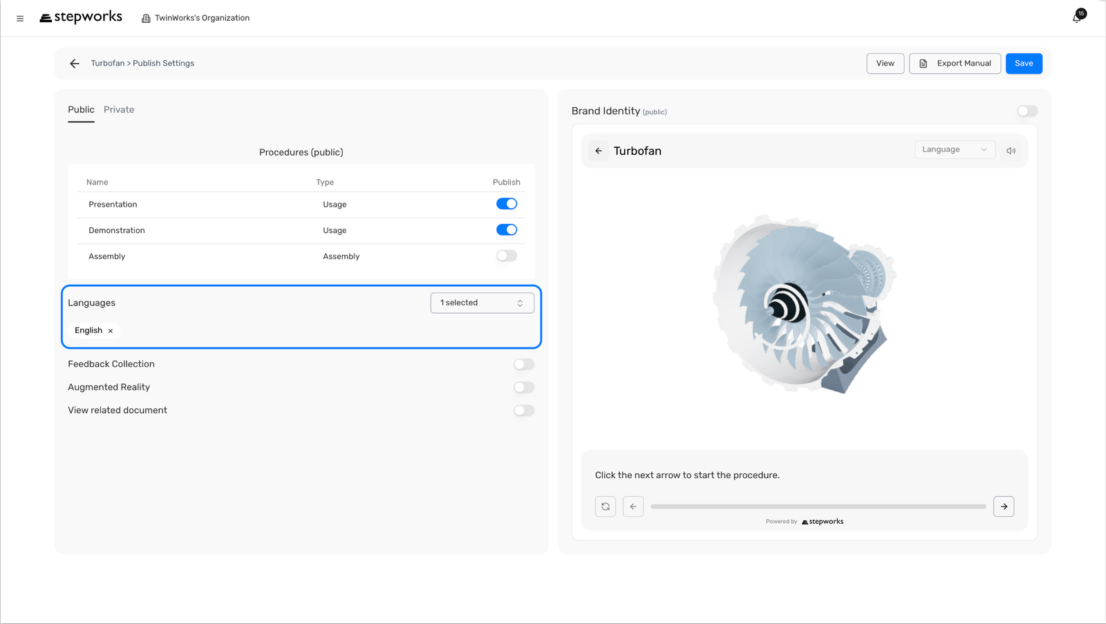 Zone de selection des langues viewer dans Publish Settings avec la liste actuelle des langues.