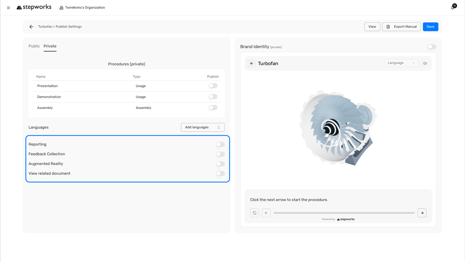 Onglet Private de Publish Settings avec les options viewer mises en avant.