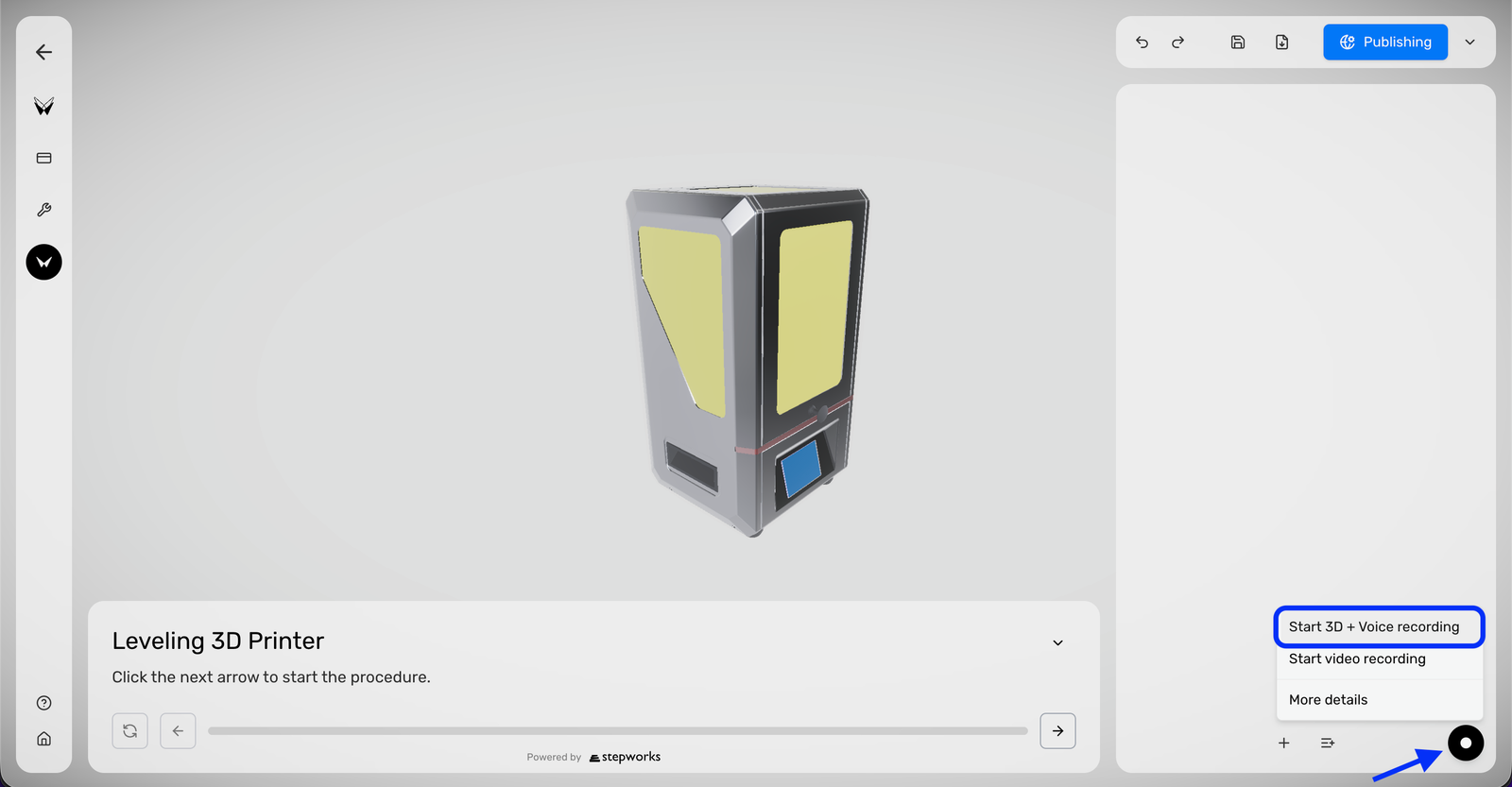 Procedure Editor avec le menu Record ouvert sur Start 3D + Voice recording.