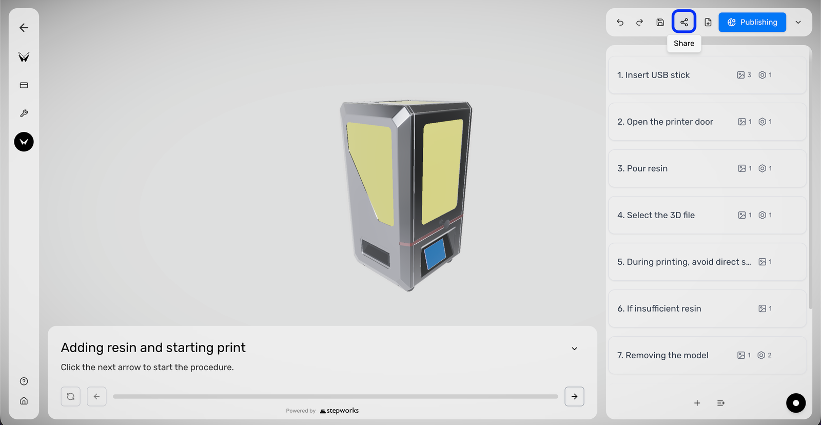 En-tete du Procedure Editor avec l'action Share mise en avant.