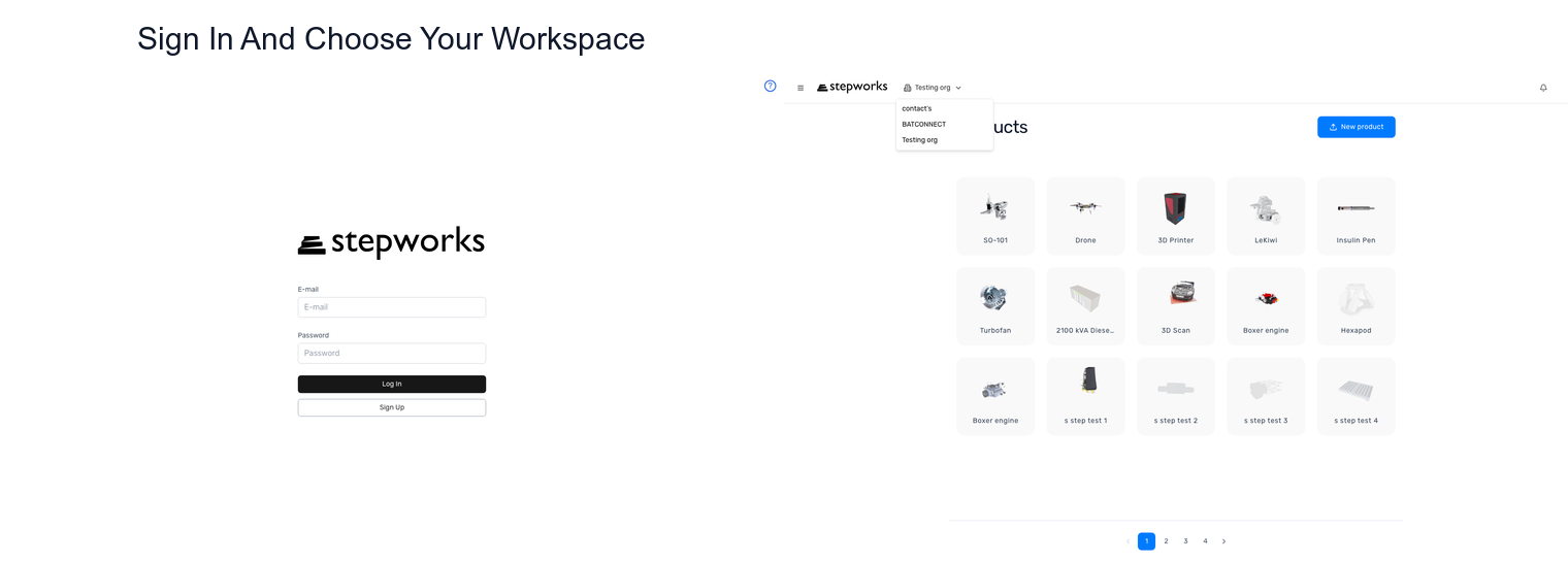 StepWorks sign-in page alongside the organization switcher on the Products page.