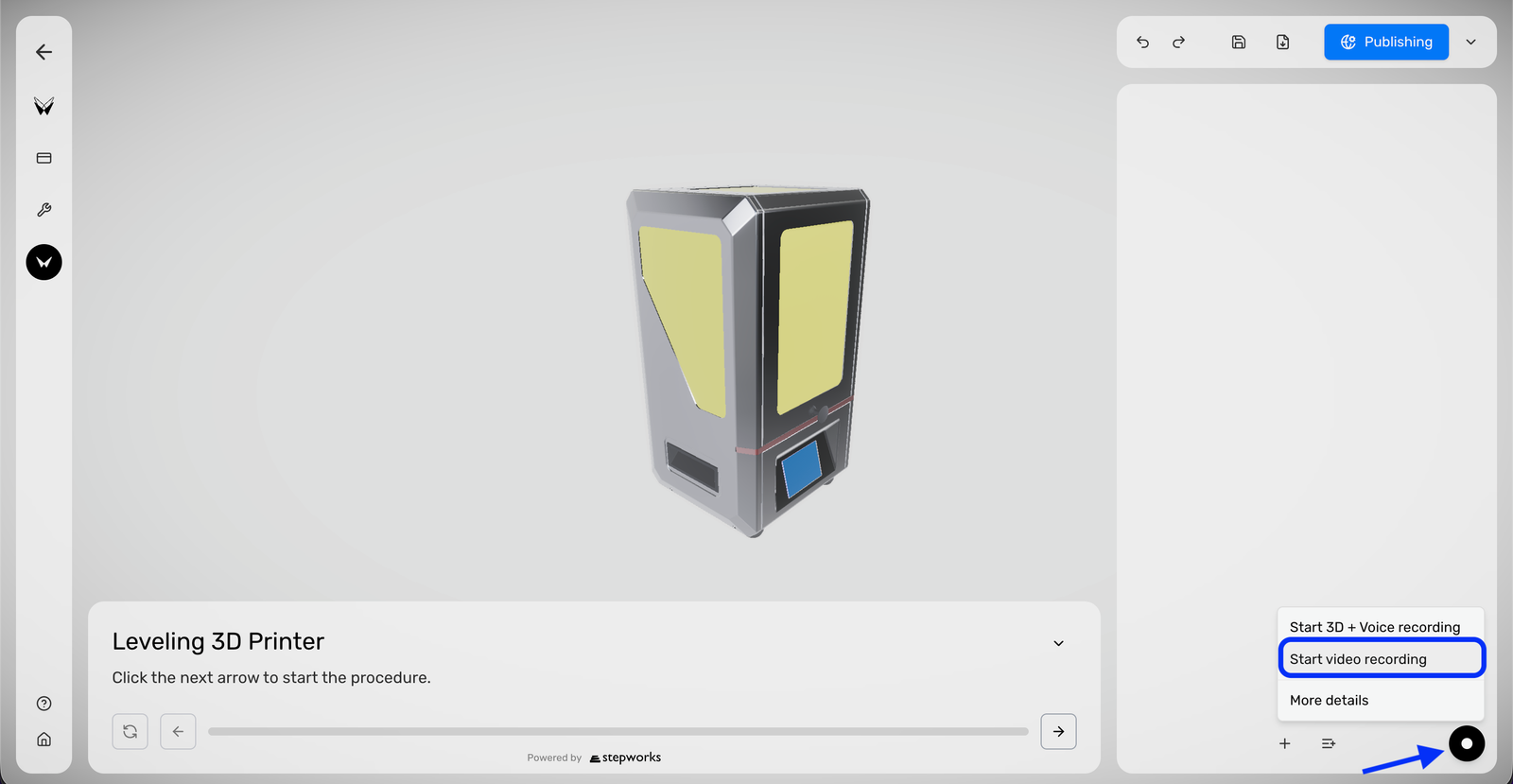 Procedure Editor avec le menu Record ouvert sur Start video recording.