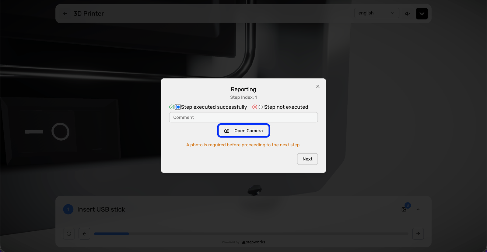 Viewer private avec le panneau de reporting ouvert sur une etape qui exige une photo.